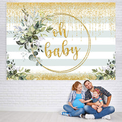 Lofaris Oh Baby Greenery Gold Glitter Backdrop for Shower