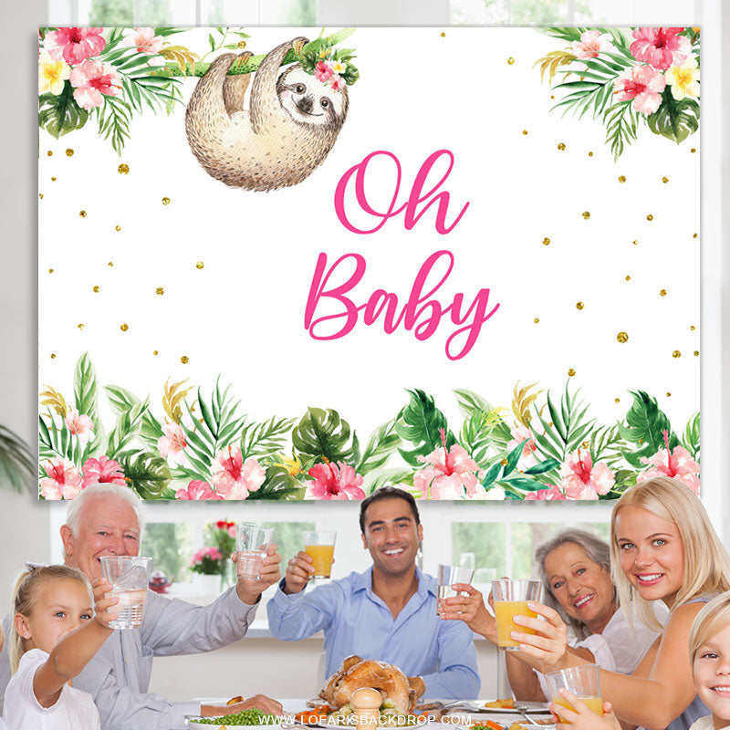 Lofaris Oh Baby Pink Floral Sloth Shower Backdrop Banner