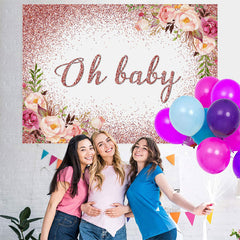 Lofaris Oh Baby Pink Glitter And Floral Shower Backdrop