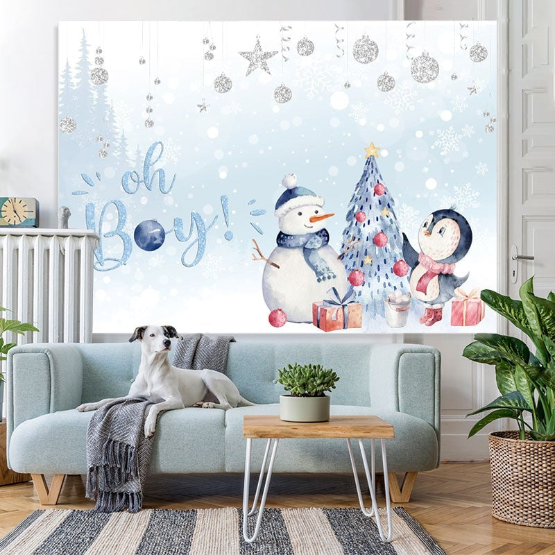 Lofaris Oh Baby Snowy Penguin Blue Backdrop for Shower