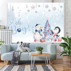 Lofaris Oh Baby Snowy Penguin Blue Backdrop for Shower