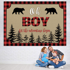 Lofaris Oh Boy Adventure Bears Forest Red Plaid Baby Shower Backdrop