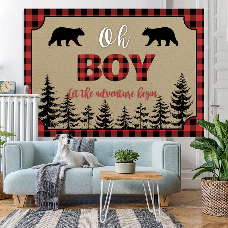 Lofaris Oh Boy Adventure Bears Forest Red Plaid Baby Shower Backdrop