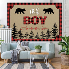 Lofaris Oh Boy Adventure Bears Forest Red Plaid Baby Shower Backdrop