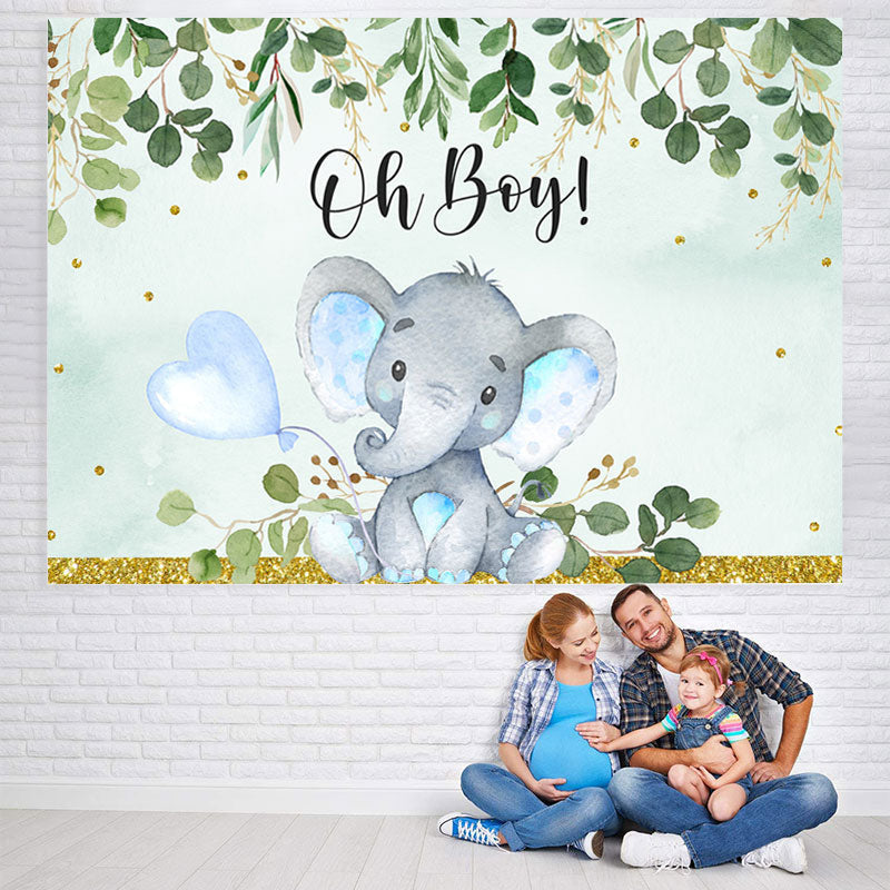 Lofaris Oh Boy Green Leaves Blue Elephent Baby Shower Backdrop