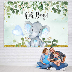 Lofaris Oh Boy Green Leaves Blue Elephent Baby Shower Backdrop