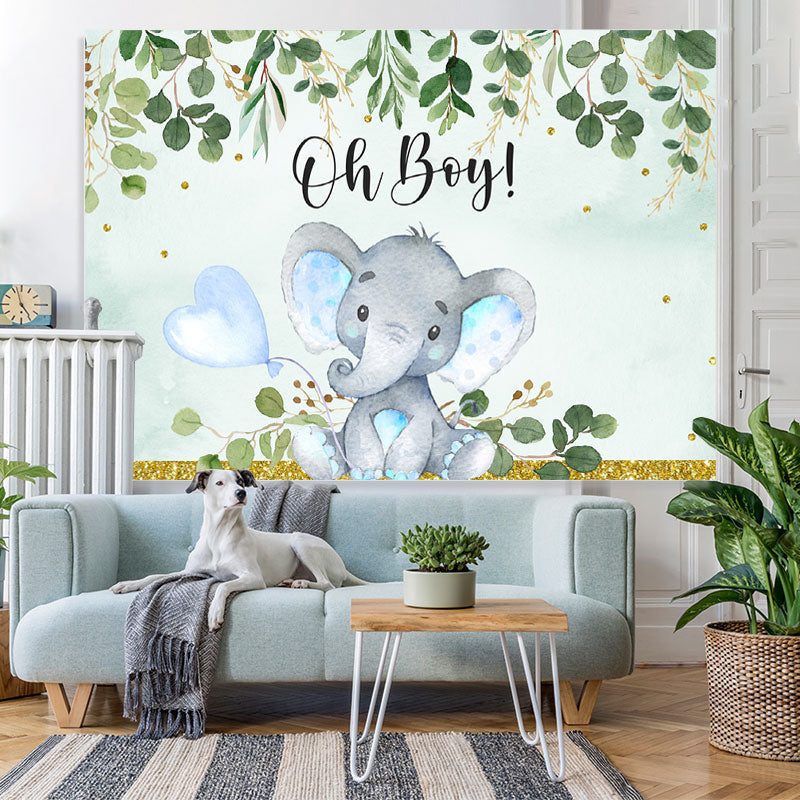 Lofaris Oh Boy Green Leaves Blue Elephent Baby Shower Backdrop