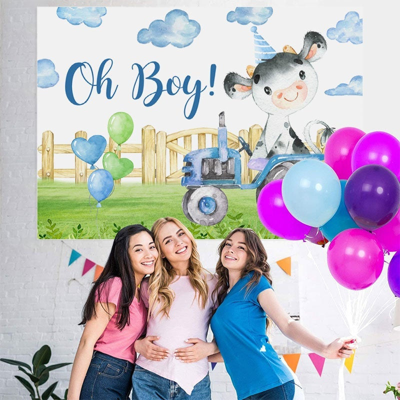 Lofaris Oh Boy Tractor Bull In Garden Baby Shower Backdrop