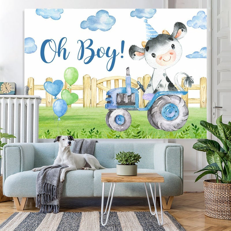 Lofaris Oh Boy Tractor Bull In Garden Baby Shower Backdrop