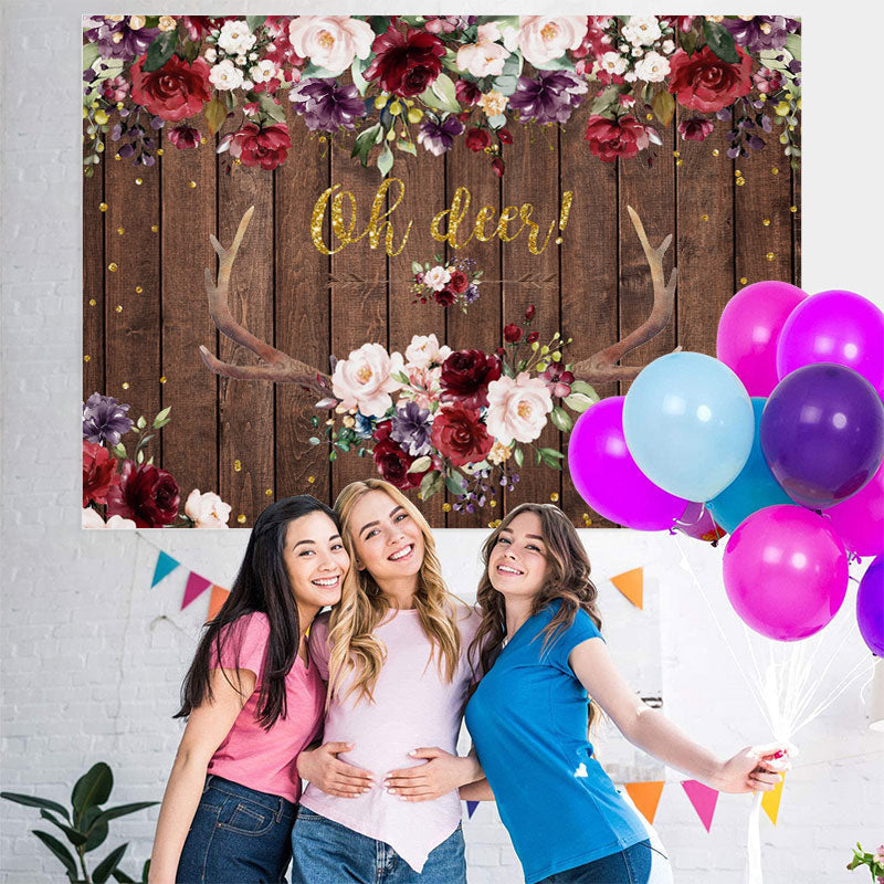 Lofaris Oh Deer Burgundy Floral Antler Baby Shower Backdrop