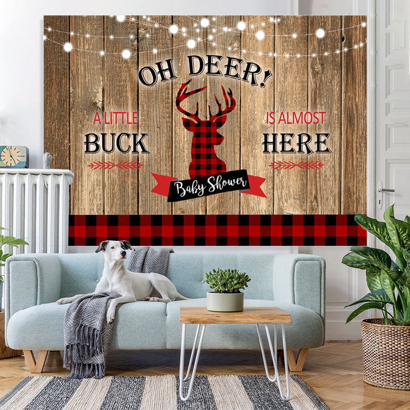 Lofaris Oh Deer Red and Black Checkerboard Baby Shower Backdrop