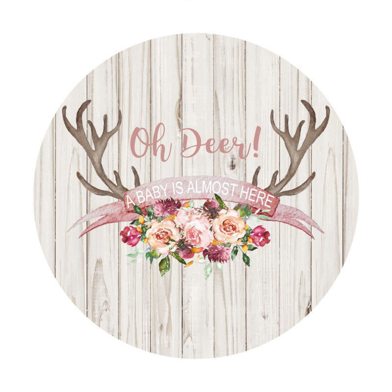 Lofaris Oh Deer White Stripe Wooden Round Baby Shower Backdrop