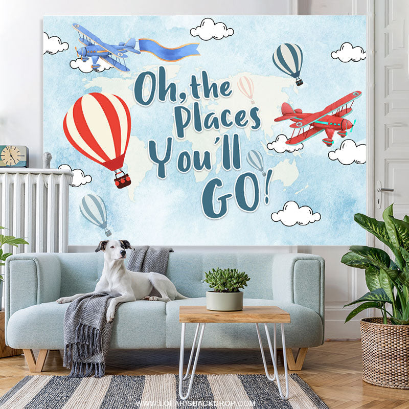 Lofaris Oh The Places You Will Go Light Blue Birthday Backdrop