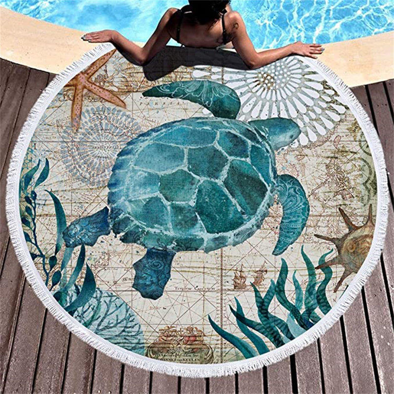 Lofaris Old Map Turtle Undersea Plants Starfish Round Beach Towel
