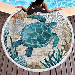 Lofaris Old Map Turtle Undersea Plants Starfish Round Beach Towel