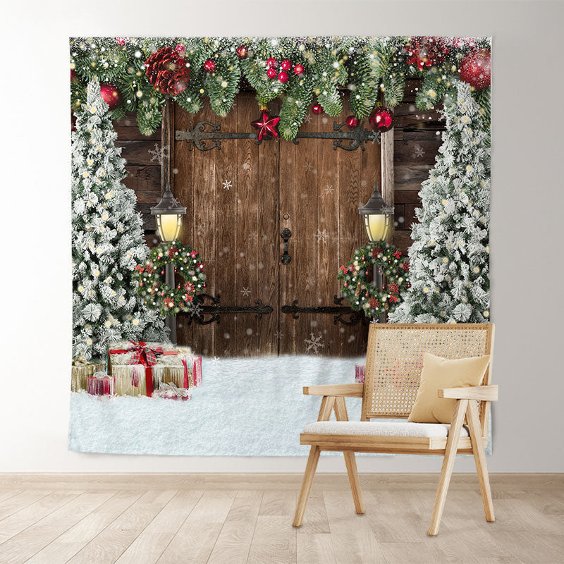 Lofaris Old Wooden Door Christmas Trees Backdrop for