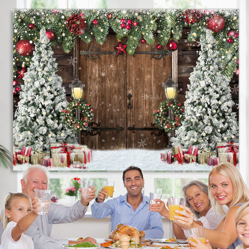 Lofaris Old Wooden Door Christmas Trees Backdrop for