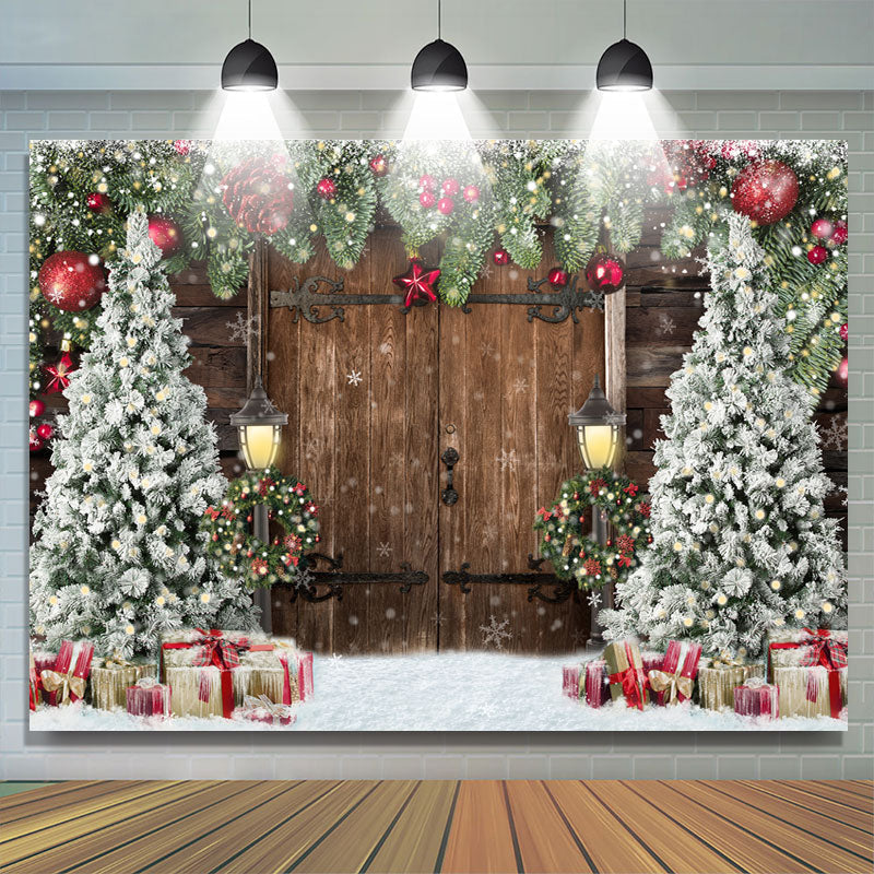 Lofaris Old Wooden Door Christmas Trees Backdrop for