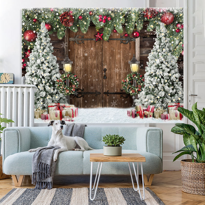 Lofaris Old Wooden Door Christmas Trees Backdrop for