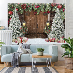 Lofaris Old Wooden Door Christmas Trees Backdrop for