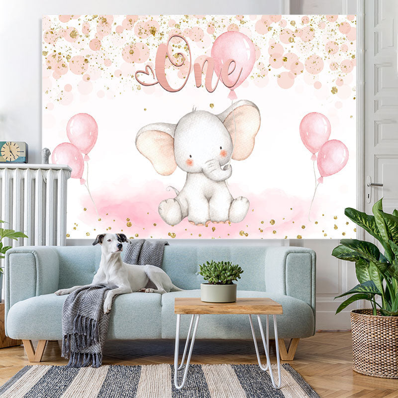 Lofaris One Elephant Pink Balloon Birthday Backdrop for Baby