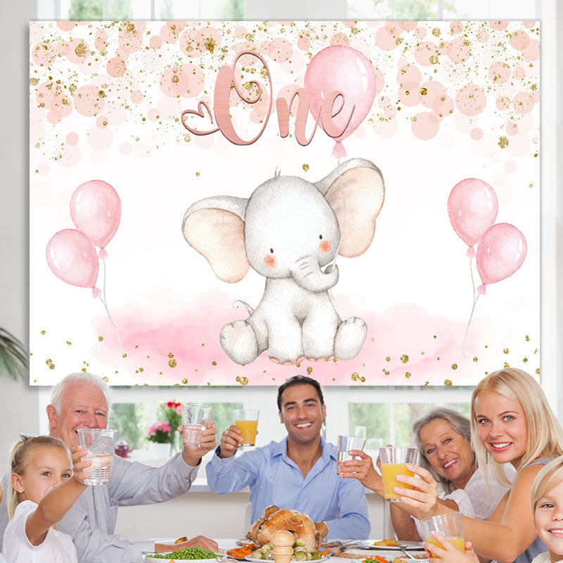 Lofaris One Elephant Pink Balloon Birthday Backdrop for Baby