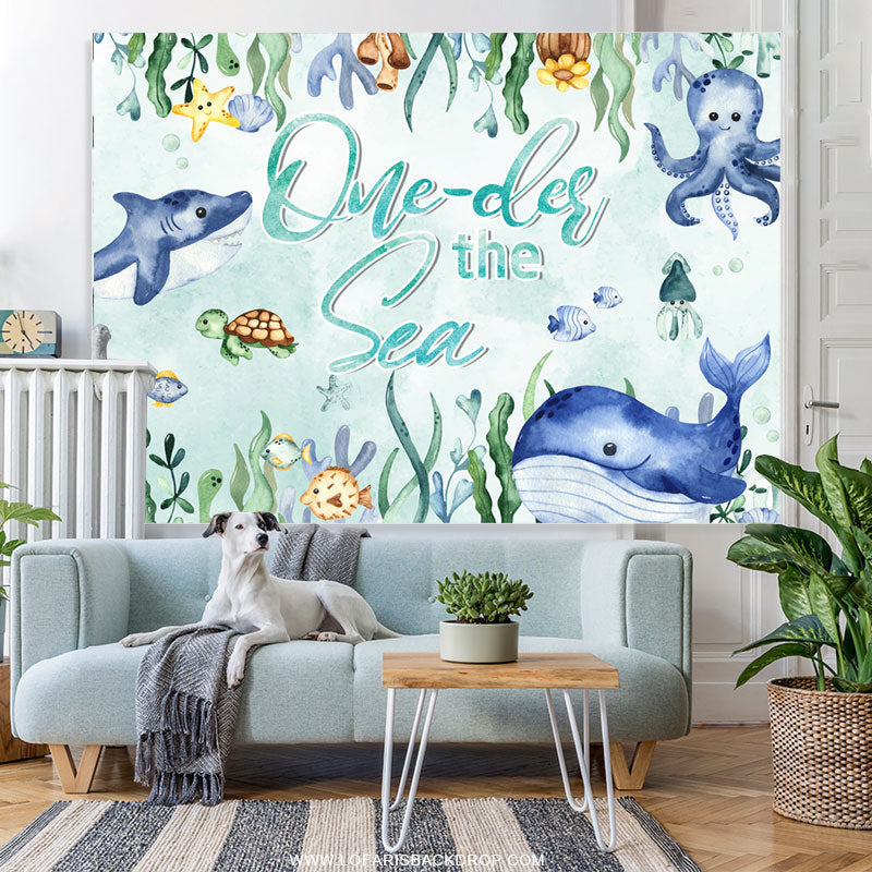 Lofaris Oneder The Sea Shark Whale Happy Birthday Backdrop