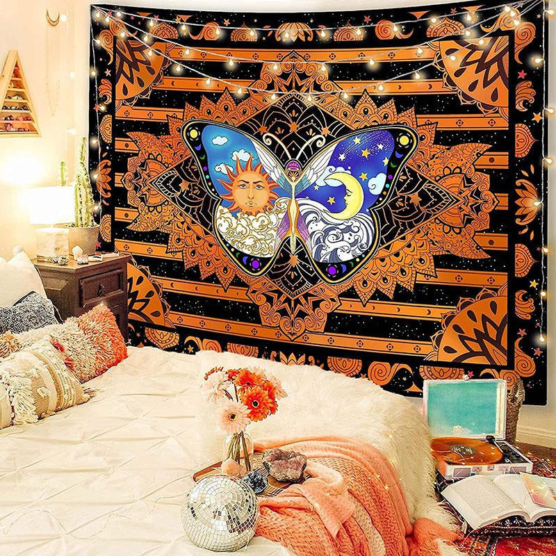 Lofaris Orange And Black Butterfly Abstract Galaxy Wall Tapestry