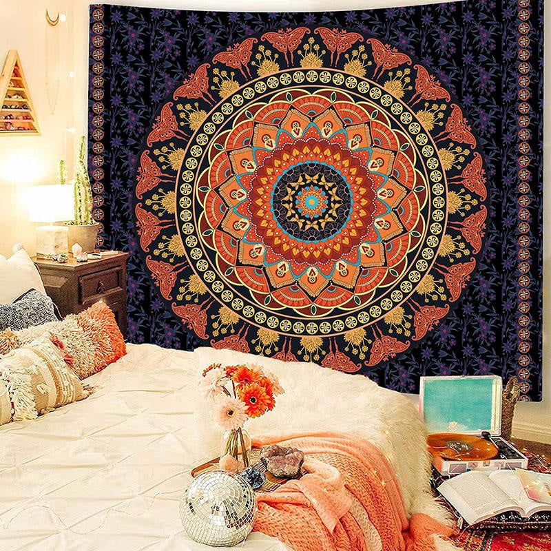 Lofaris Orange And Black Mandala Trippy Art Decor Wall Tapestry
