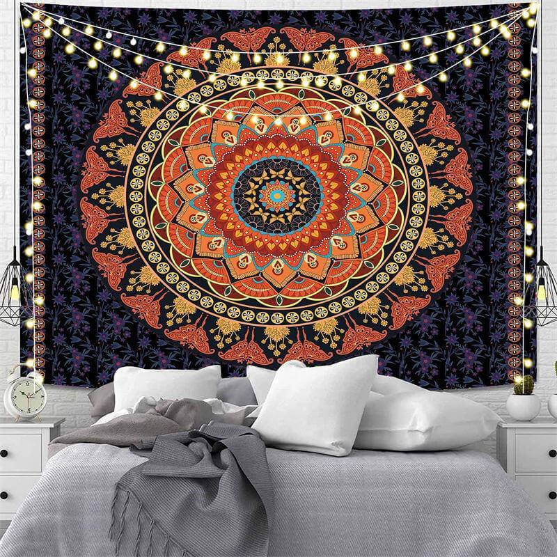 Lofaris Orange And Black Mandala Trippy Art Decor Wall Tapestry