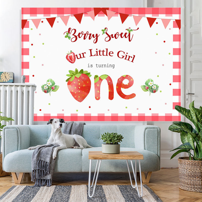 Lofaris Our Litter Girl Is Turning One Strawberry 1st Birthday Backdrop for