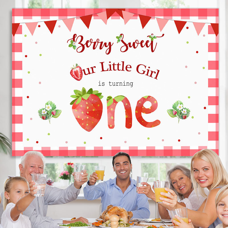 Lofaris Our Litter Girl Is Turning One Strawberry 1st Birthday Backdrop for