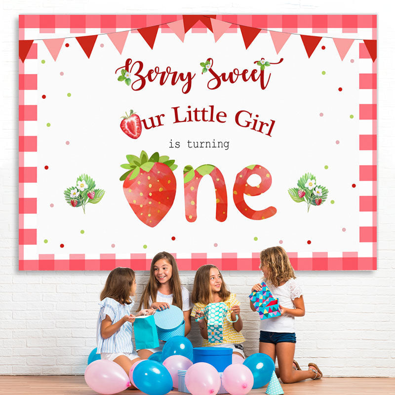 Lofaris Our Litter Girl Is Turning One Strawberry 1st Birthday Backdrop for