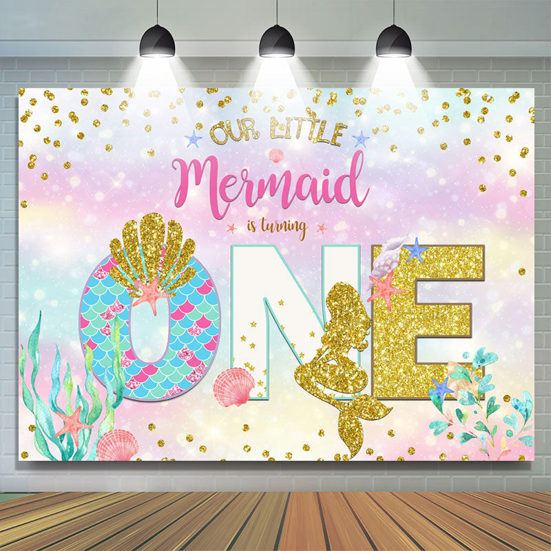 Lofaris Our Litter Mermaid Is Turning Gold Glitter First Birthday Backdrop