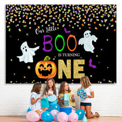 Lofaris Our Little Boo Is Turning One Black Glitter First Birthday Theme Backdrop
