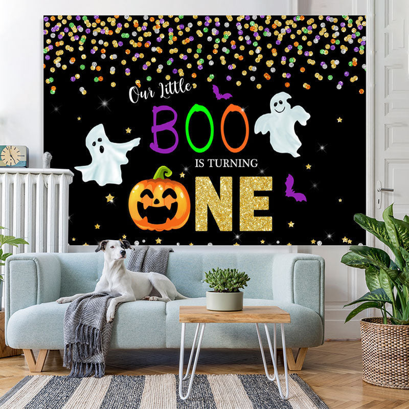 Lofaris Our Little Boo Is Turning One Black Glitter First Birthday Theme Backdrop