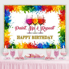 Lofaris Paint Sip and Repeat Rainbow Happy Birthday Backdorp