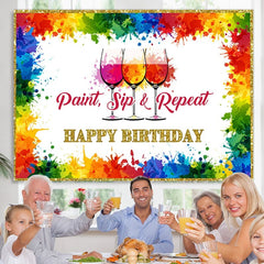 Lofaris Paint Sip and Repeat Rainbow Happy Birthday Backdorp