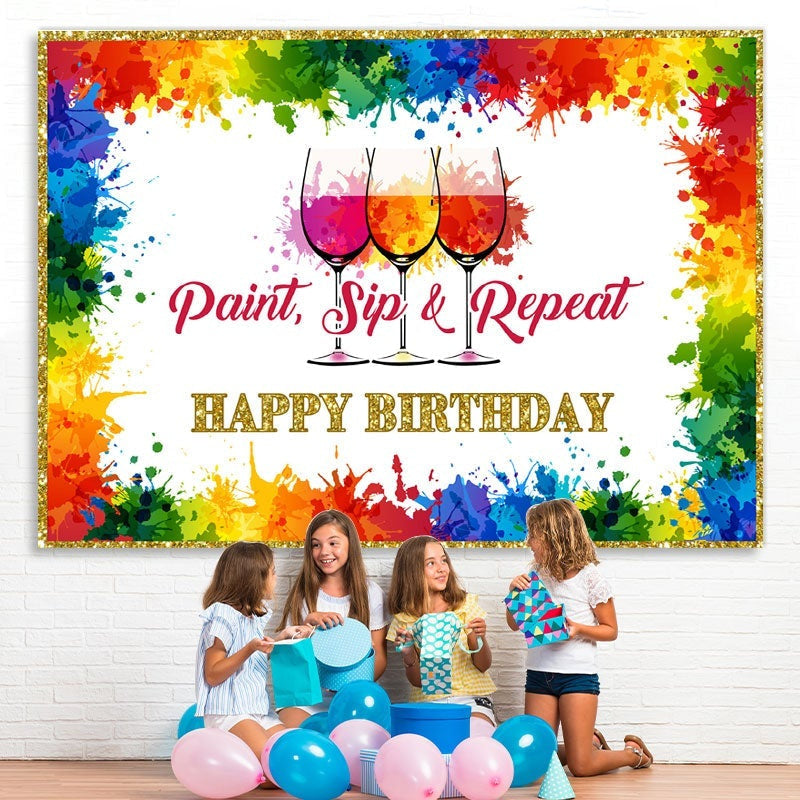 Lofaris Paint Sip and Repeat Rainbow Happy Birthday Backdorp