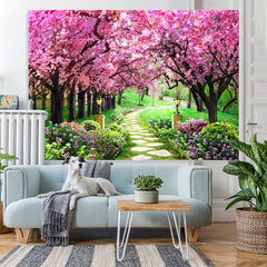 Lofaris Peach Blossom And Green Grassland Spring Theme Backdrop