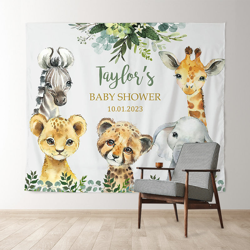 Lofaris Personalized Animal And Leaves Baby Shower Backdrop Banner
