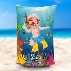Lofaris Personalized Baby Boy Diving Sea World Beach Towel