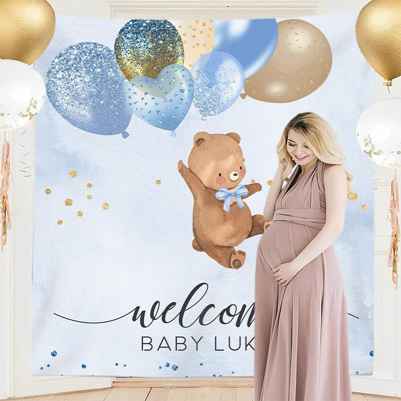 Lofaris Personalized Bear Balloon Blue Baby Shower Backdrop