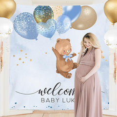 Lofaris Personalized Bear Balloon Blue Baby Shower Backdrop