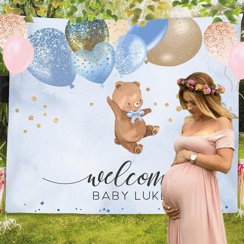 Lofaris Personalized Bear Balloon Blue Baby Shower Backdrop