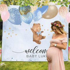 Lofaris Personalized Bear Balloon Blue Baby Shower Backdrop