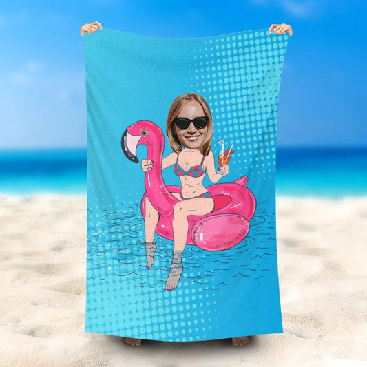 Lofaris Personalized Bikini Beauty Flamingo Ring Beach Towel