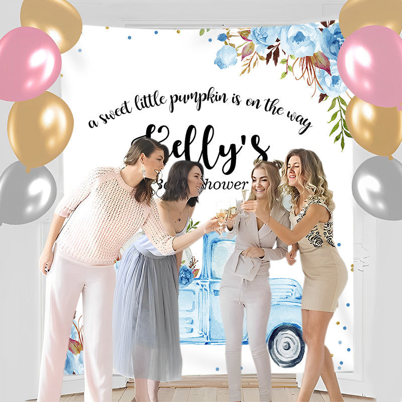 Lofaris Personalized Blue Truck Floral Baby Shower Backdrop