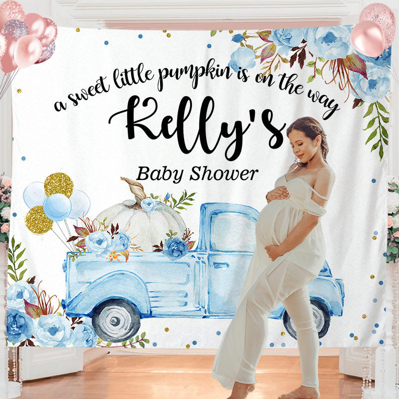 Lofaris Personalized Blue Truck Floral Baby Shower Backdrop