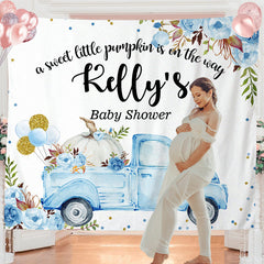 Lofaris Personalized Blue Truck Floral Baby Shower Backdrop